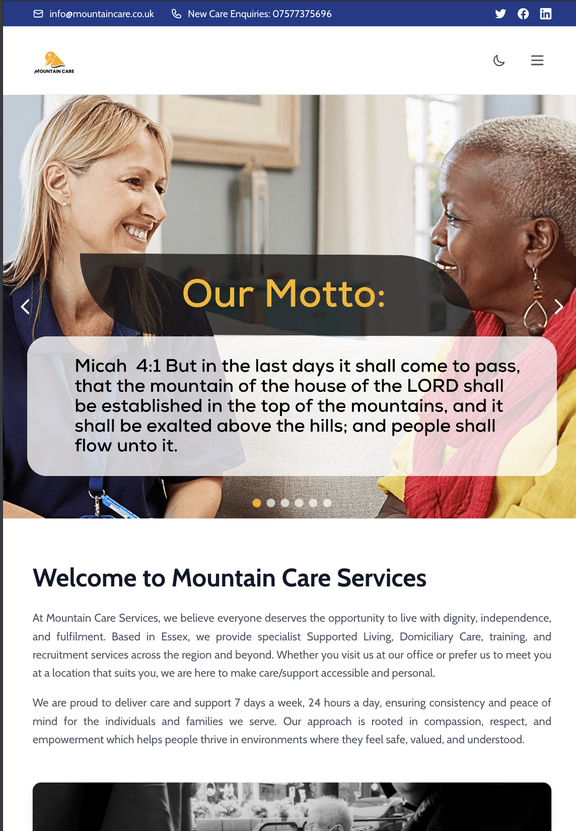 Mountaincare home care provider website — tablet view