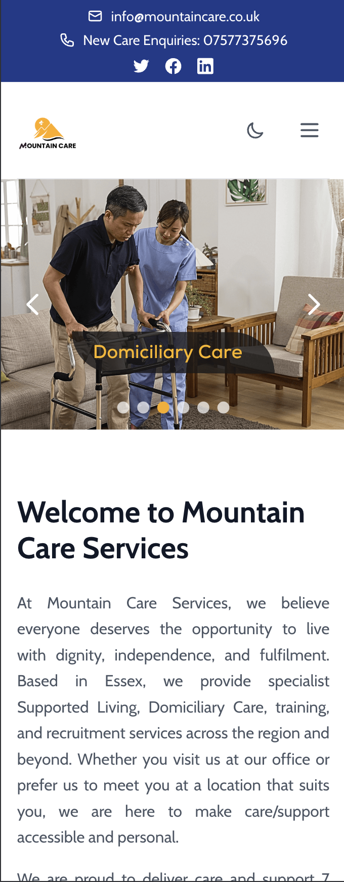 Mountaincare home care provider website — mobile view